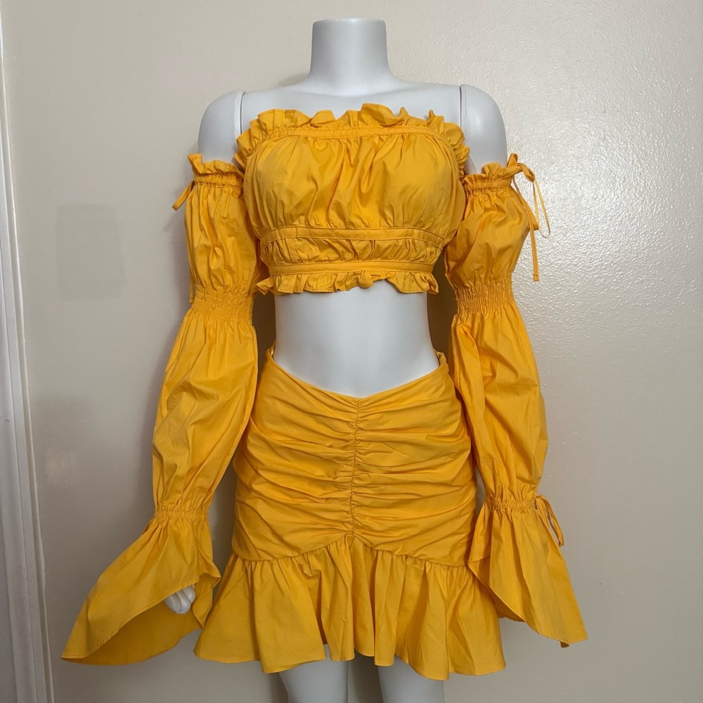 Yellow off the shoulder puff sleeve crop top ruched mini skirt set